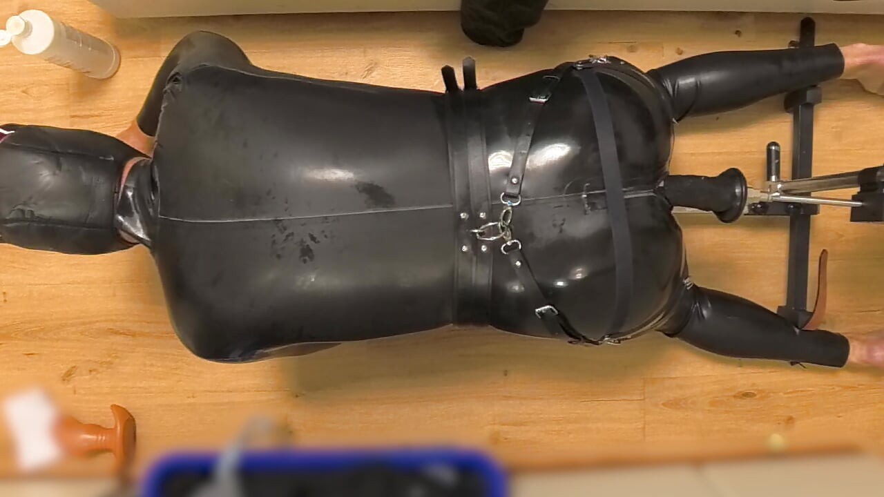 Latex Chastity Cage Sissy on Sex Machine Pillory and Double Dildo