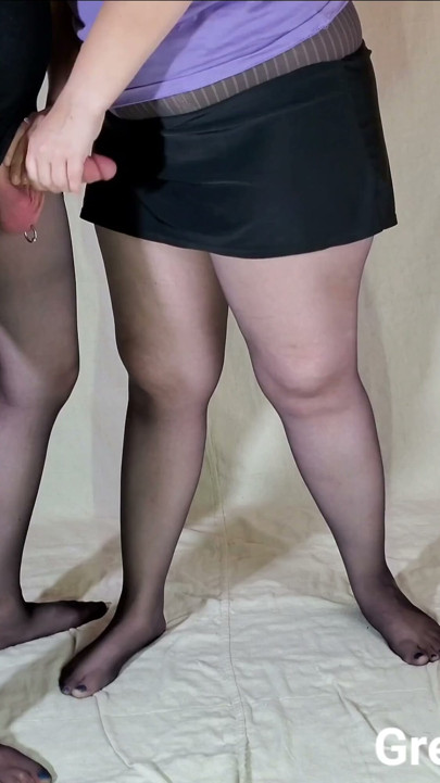 Couple Both in Pantyhose and Short Skirts -  She gets Fingered and returns the favor with a Handjob | Clip 1