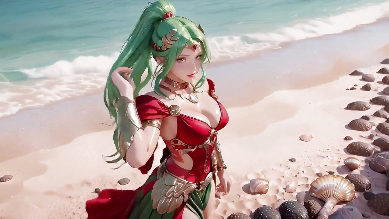 Green-haired Warrior's White Fantasy! Kneeling Glances, Finger to Lips, From Serene Stares to Breathless Teasing