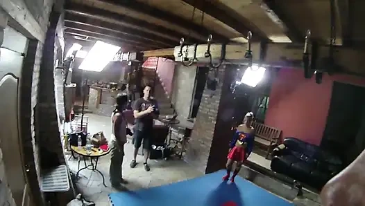Supergirl wrestling in livingroom