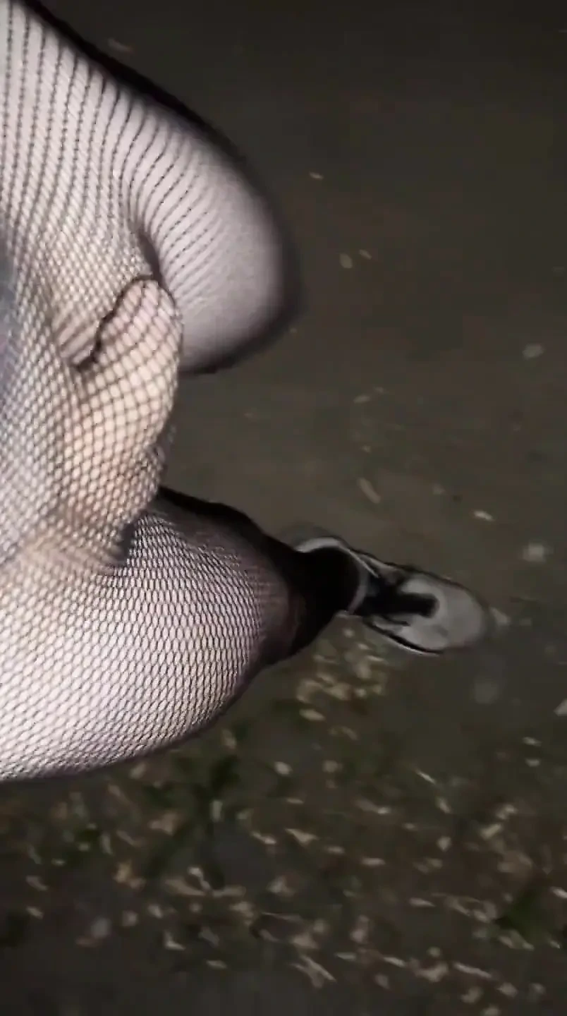 Night walking in pantyhose close road teen  boy flash no pants