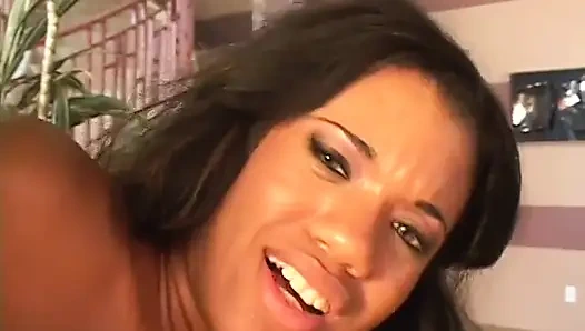 Two black sluts share jizz after stud fucks ebony bitch's asshole