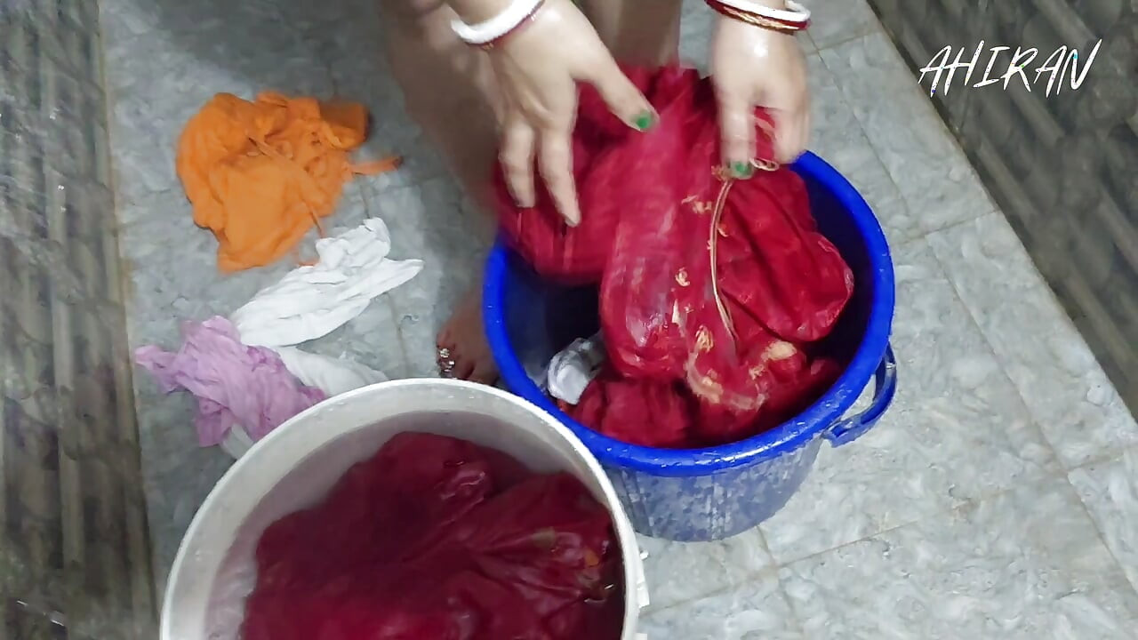 Asian indian village girl forplay with her boyfriend in bathroom. Washing clothes and review her pussy,boobs and white bra.