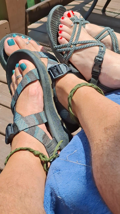 Shoot your spunk all over our sandals and feet while we wiggle our toes and watch