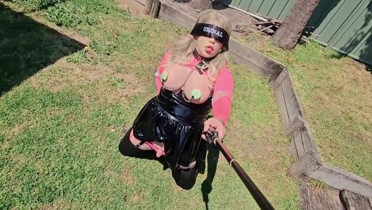 Blindfolded shemale sissy urinal flashes in the street and drinks piss