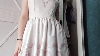 Gentle homemade masturbation in a white dress and a passionate stormy orgasm