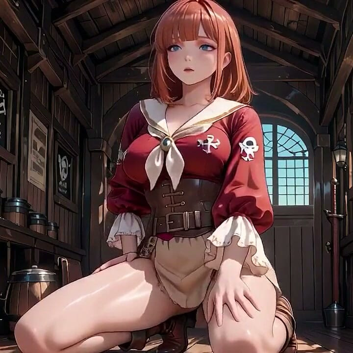 Lazy Seduction on the Sun-drenched Deck, Kneeling with a Wet Gaze.