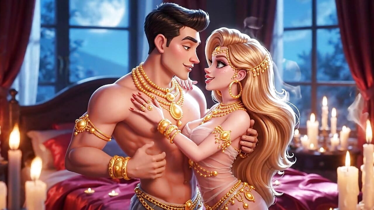 Romance de fantasía erótica - pareja de joyería dorada, besos profundos y juego de cama