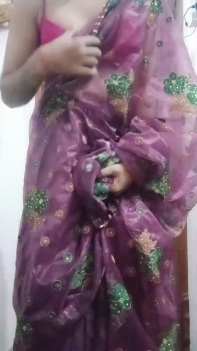 Indian Gay Crossdresser Bottom Gaurisissy showing her big boobs in purple saree | Clip 1
