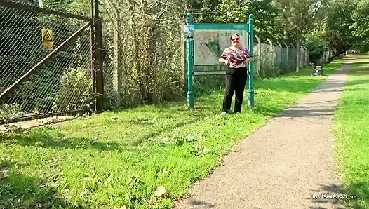 Short and thick brunette outdoor pising and public flashing