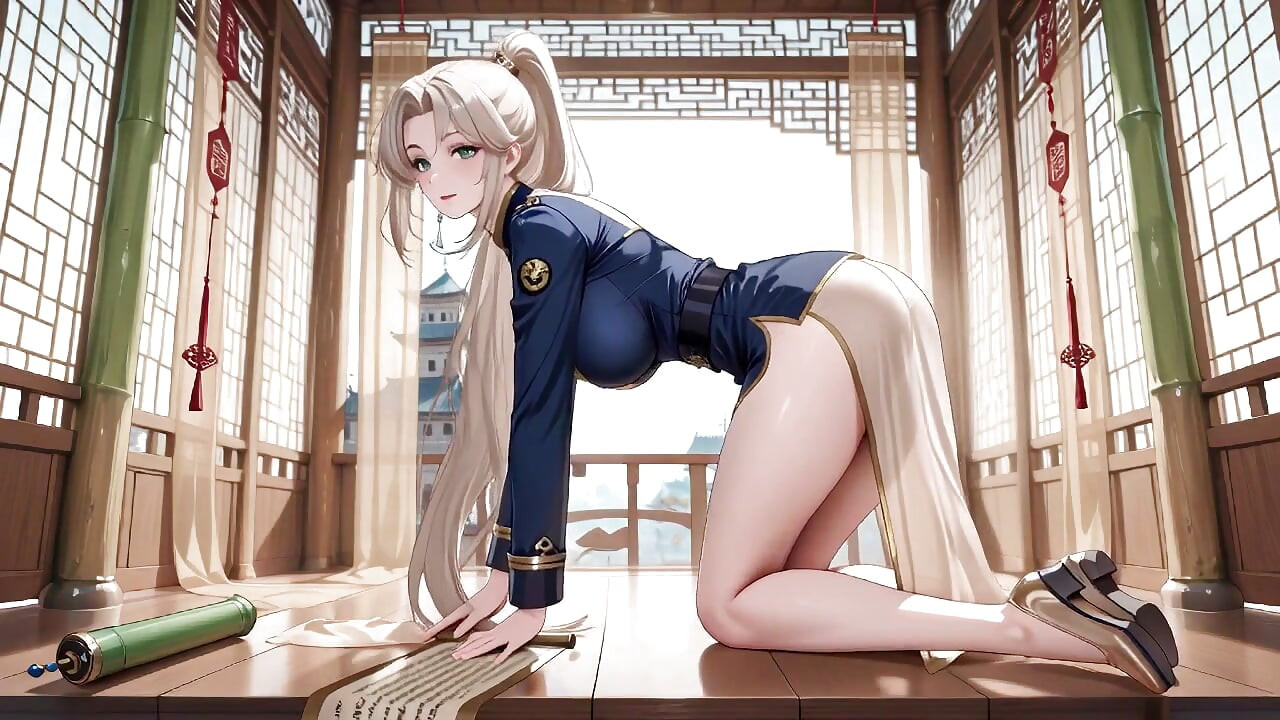 Samurai blondă în Deep Blue Do-over! Îngenunchând pe coridorul japonez, expunându-și curul tandru