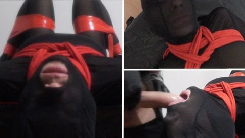 Amateur Bondage: Tied up nylon slut facefucked and jerked on