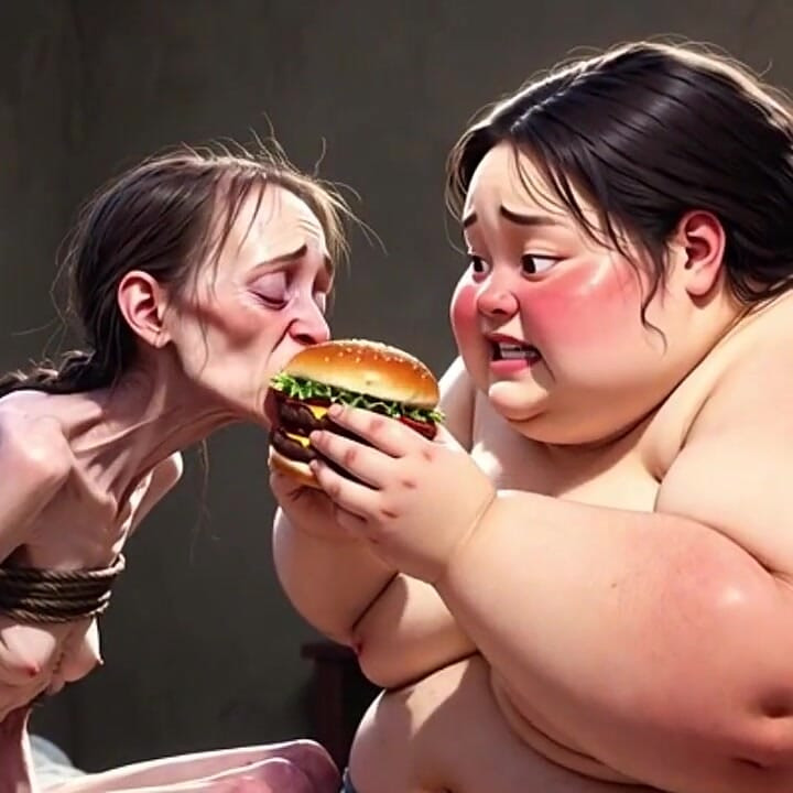 Skinny Girl Getting Fed by Huge Fat Woman - Contrast Feeding Fetish