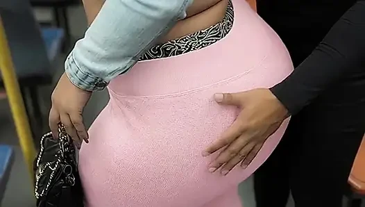 "Balaclava BBW Gets Ass  in Tight Shiny Pink Pants - Public Bus"
