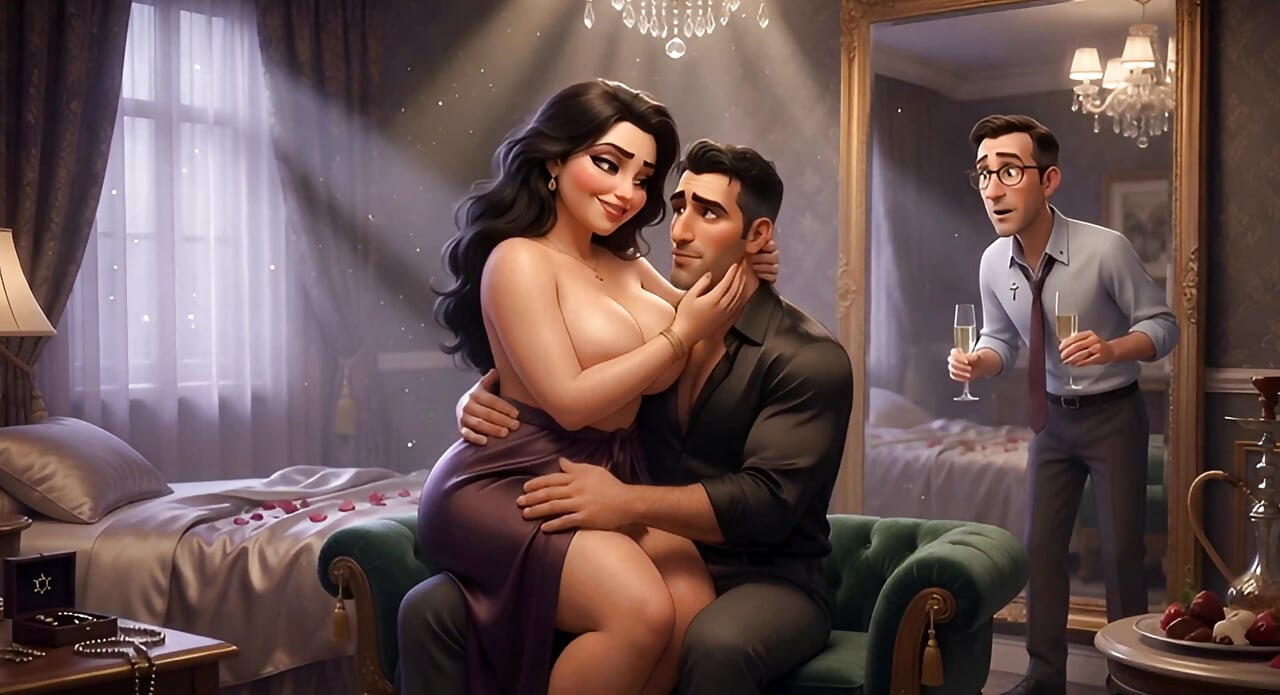 A Muslim man and a Jewish wife, with her cuckold  Christian husband watching her being fucked.