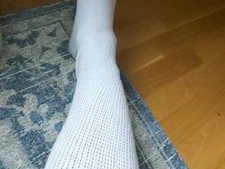 Trying on my new AA white thigh high socks! First time!