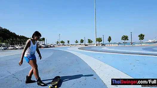 Skateboarding fail of big butt Thai MILF who fucks at home after