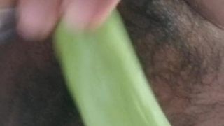 Wanhopige Indische vrouw neukt haar poesje met komkommer