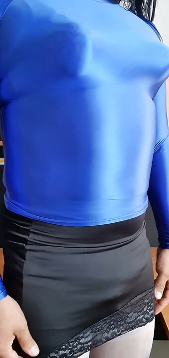 Modeling My Blue Spandex Blouse and Pointy Tits