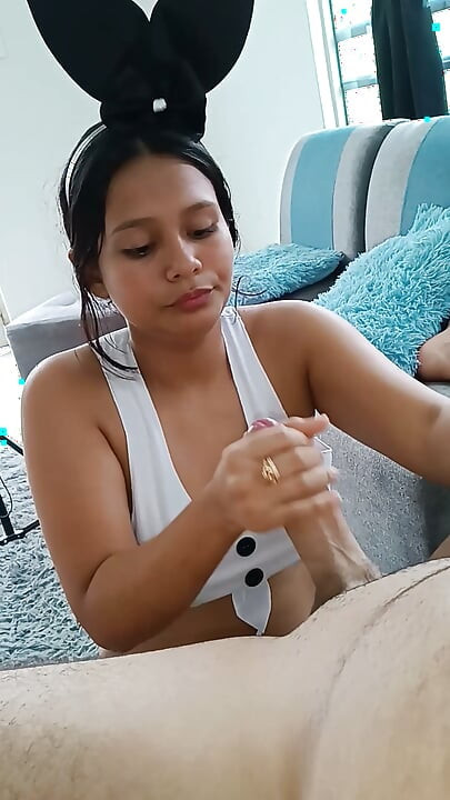 Beautiful bunny gives exquisite cock blowjob