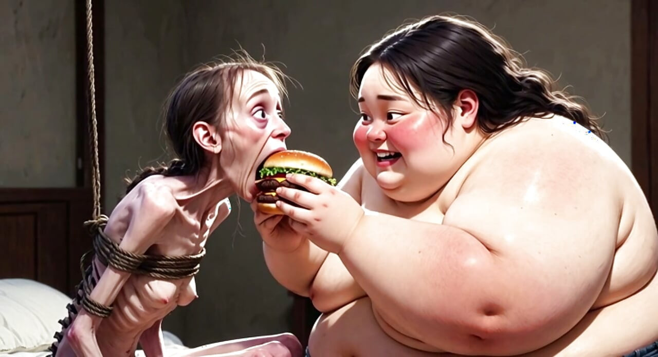 Skinny Girl Getting Fed by Huge Fat Woman - Contrast Feeding Fetish