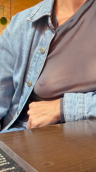 Completely exposing my boobs and nipples in a sheer blouse in a public place | Clip 1