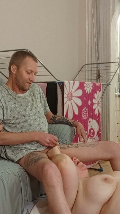 Stepmom with big tits licks my balls and I jerk off my cock and cum in her mouth and on her face | Clip 1