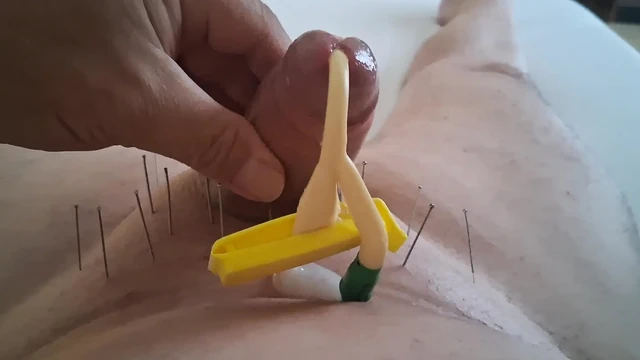 Cumshot with needles and catheter