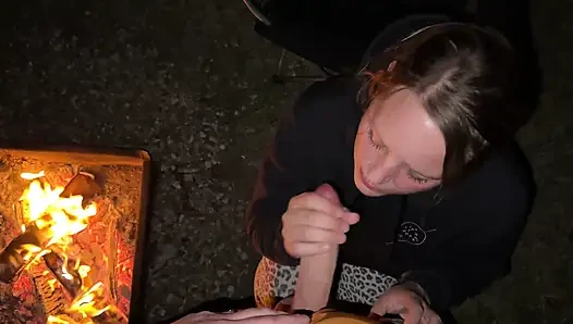 Wife caught masturbating in public restroom, then fucked by the campfire