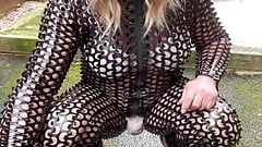 Amateur Crossdresser Kellycd2022 sexy milf in pvc catsuit and heels peeing in her panties  outdoors sissy masturbation