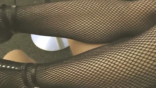 Swemature at a hotel in Copenhagen. Dressed in fishnet stockings, heels, leather harness and chains, swallowing, enjoying cum.