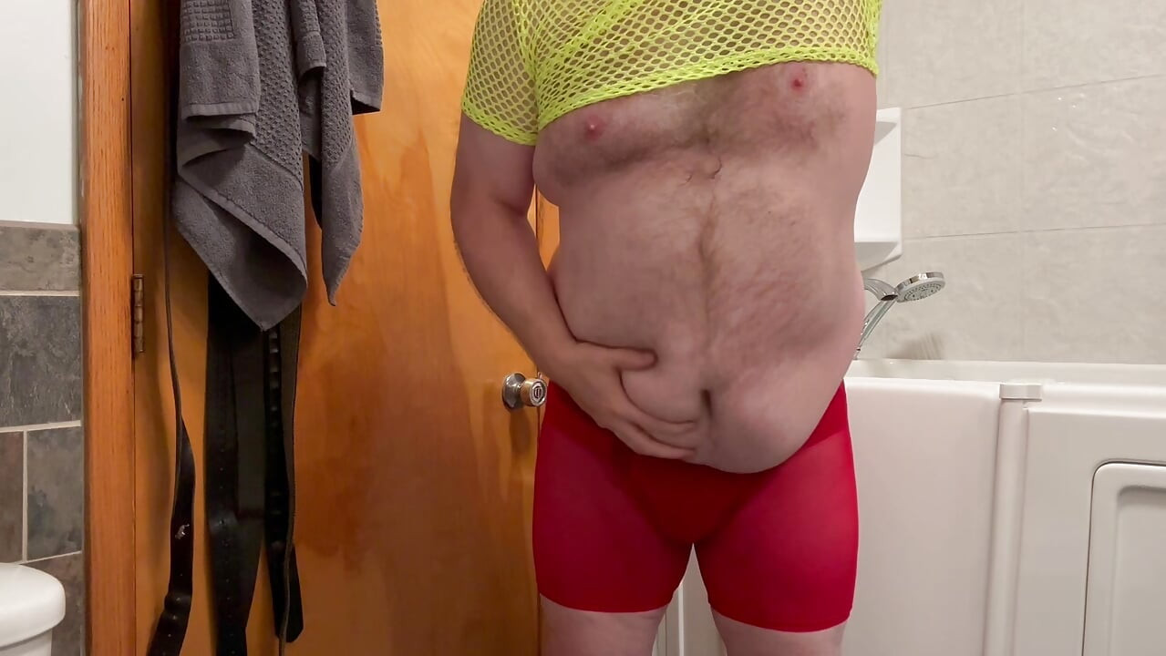 Big Belly Bear Squirts Through Jockstrap And Plays With Dildo