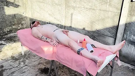 Nude massage outdoors with hot blonde