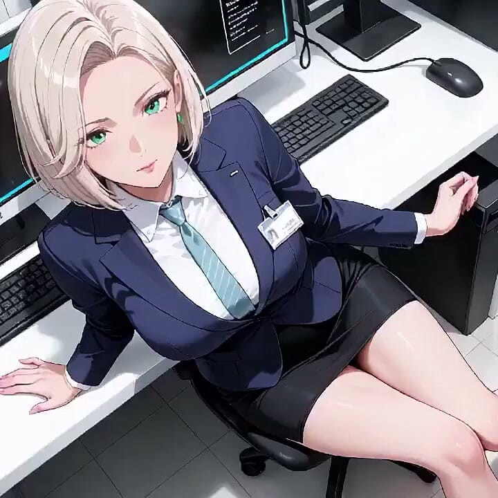 Kneeling on the Desk Amidst Piles of Files, Adjusting Her Collar with Those Teasing Eyes. Who Can Handle This?