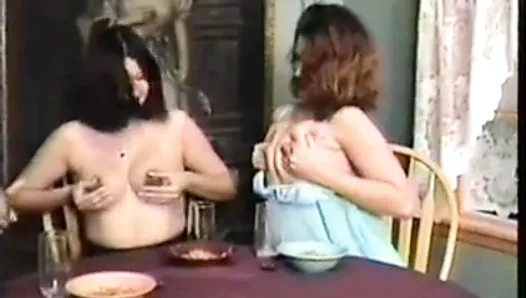 Milf maids having a breakfast and drinking milk from their own boobs