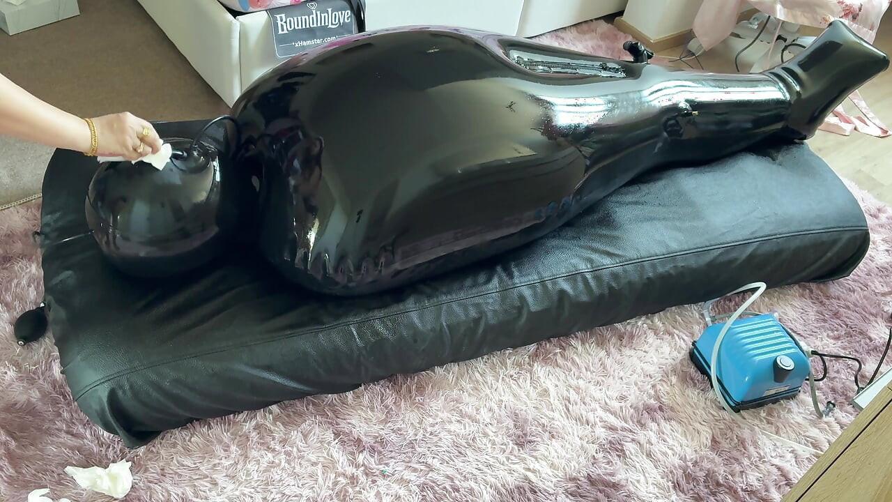 Wife drives her husband crazy with ESTIM in Inflatable Full Body Latex Bondage Bag - Exreme Edging. Restricted Breathing Gagged