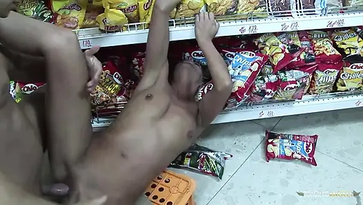 Cashier gets his cock sucked by a customer before fucking her in the store