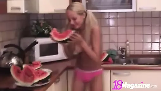 Skinny Small Titty Paris Tale Gets Messy With A Watermelon!