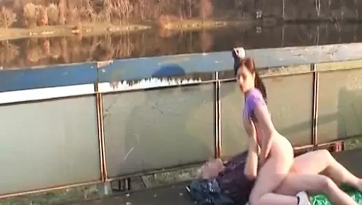 A beautiful German teen gets her muff sprayed by an old dude in public