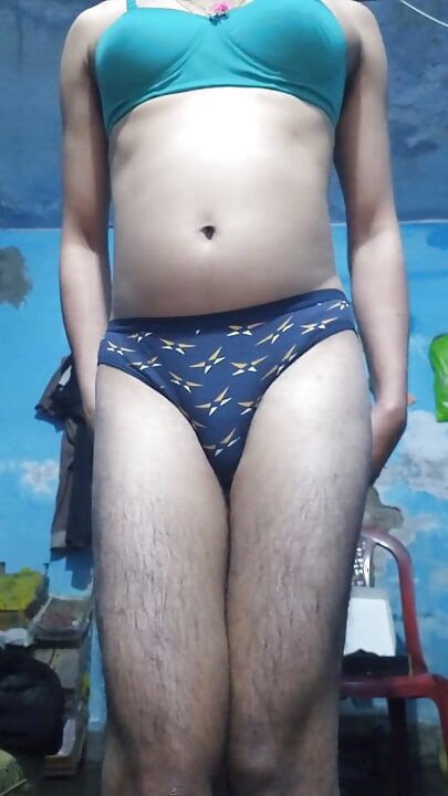 Horny Indian Femboy Wearing His Step Sister's Bra and Panties
