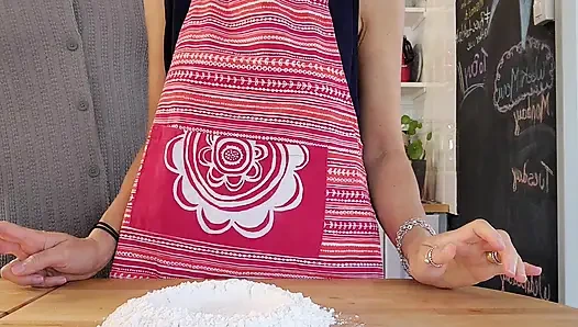 Hot wife with amazing natural tits gets her pussy filled while working in the kitchen.