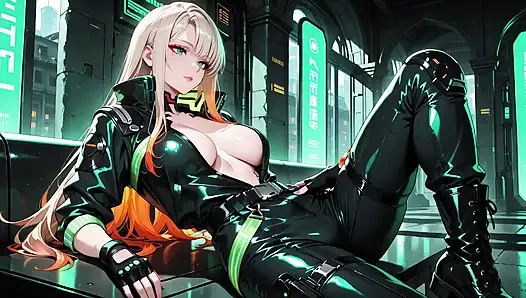 Neon Rain Night! Blonde Agent in Wet Leather Crouching Low, Holographic Glow & Cold Glances.