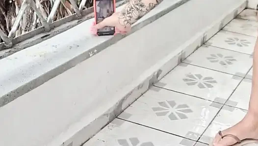 Me and Dai Belan, Almost Naked, Washing the Balcony of the Apartment and Neighbors Watching Us