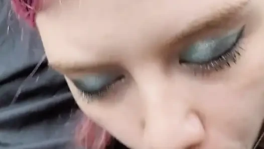 Giving a hot purple haired slut an oral creampie in the car