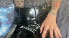Trans girl teasing in PVC leggings and sexy lingerie