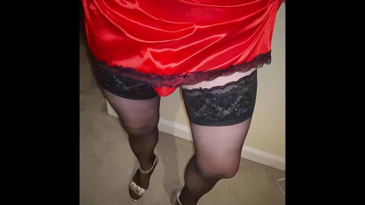 Mom Crossdresser Madison dressing in sexy outfits with thigh high hose stockings and heels and walks around showing off teasing