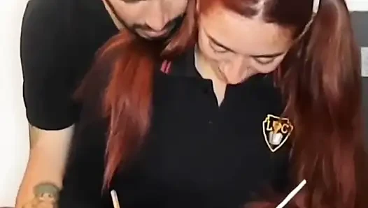 A female student gets fucked without a condom after class and swallows the cum.