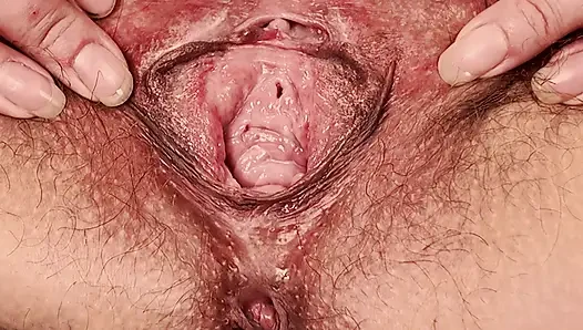 Wife opens her hairy pussy wide open
