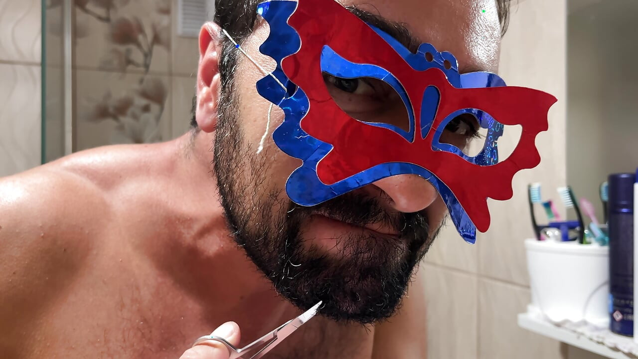 Grooming Routine Earl Smile Trimming Beard With Scissors In Bathroom