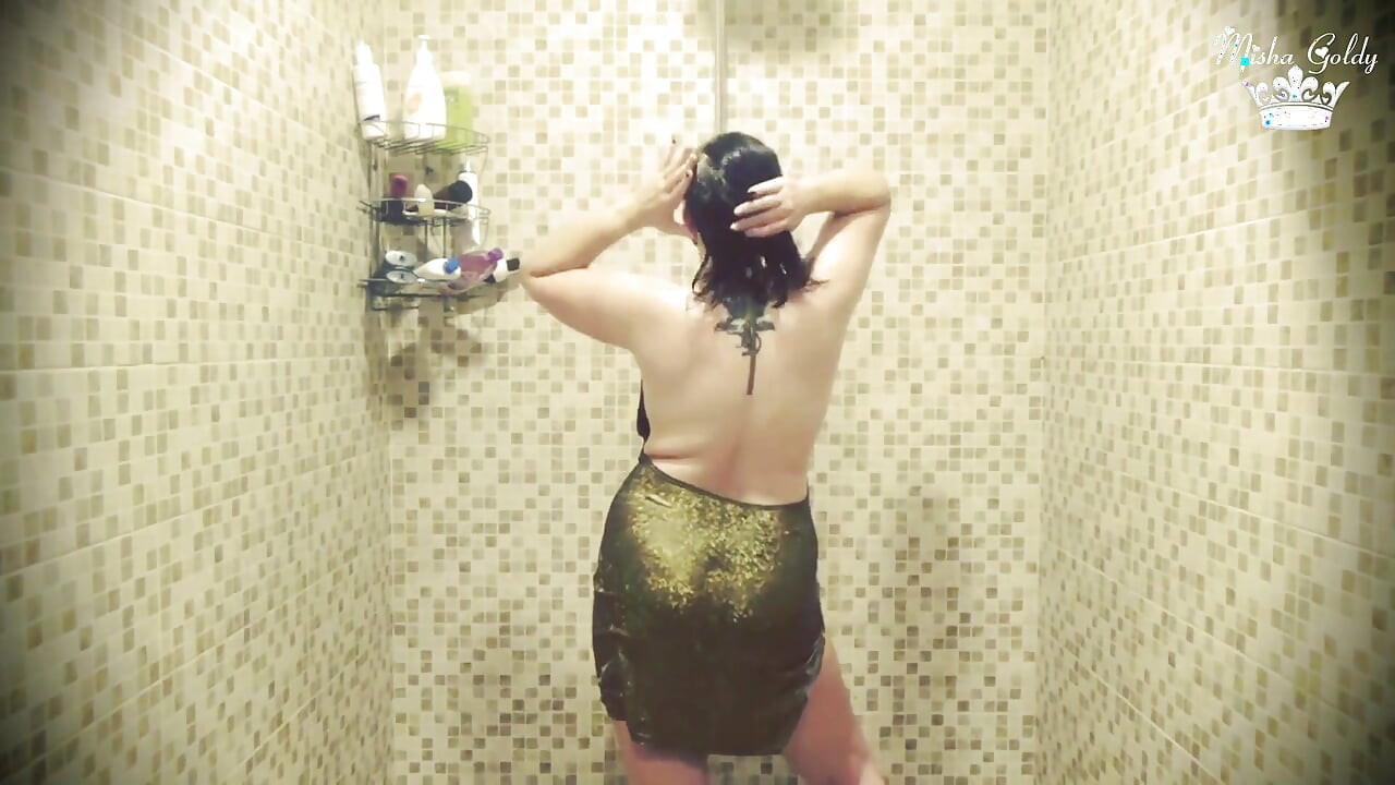 Dripping wet in clothes on shower & seductive hair washing